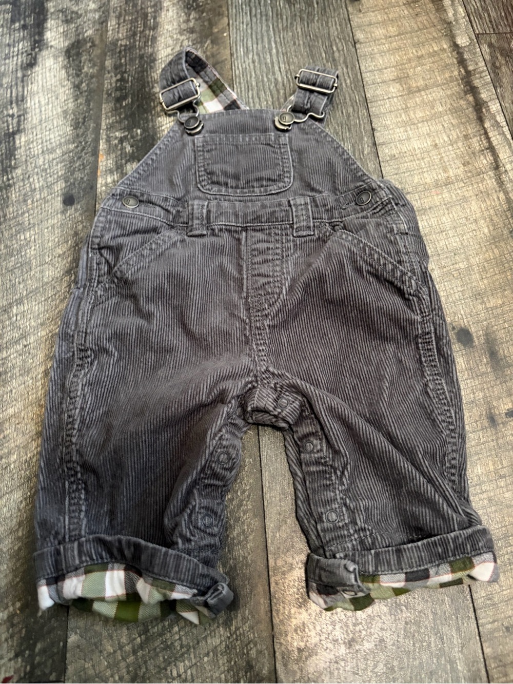 Gymboree size 0-3 months grey Corduroy Kids Overalls with rolled plaid cuffs
